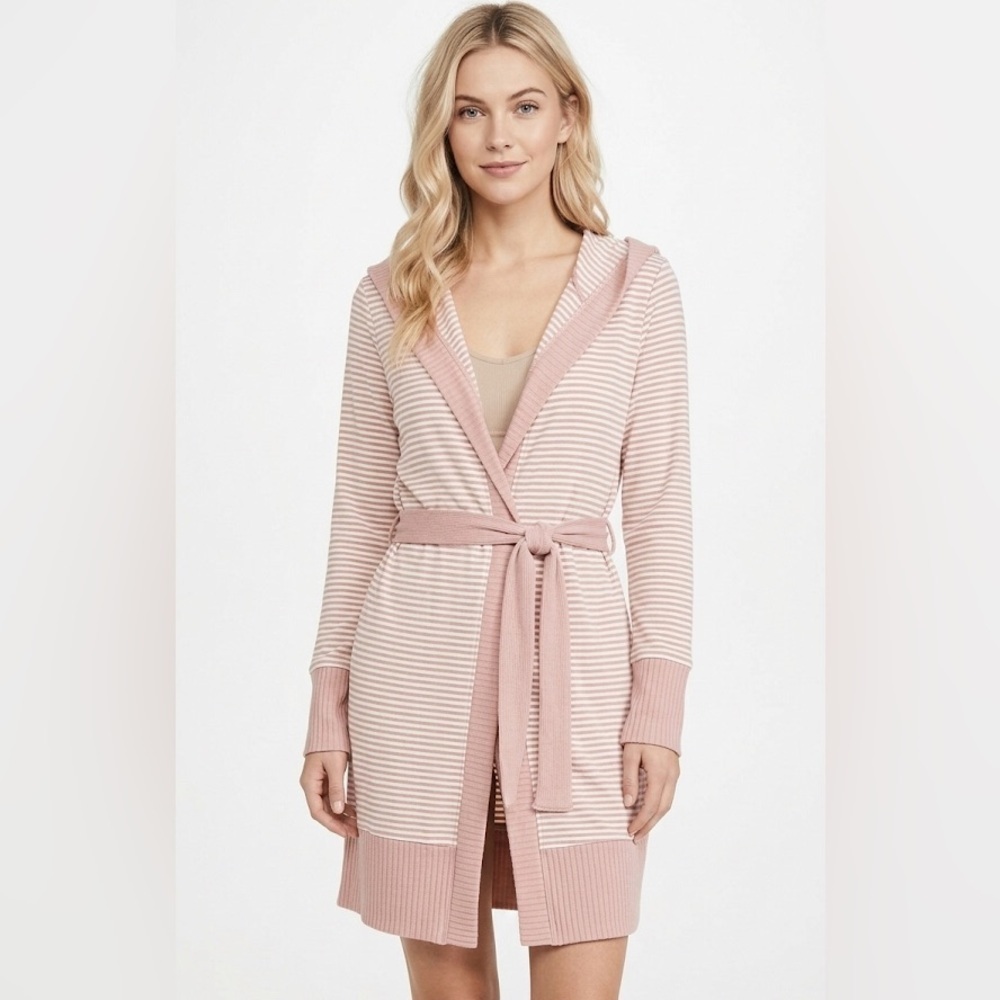 Soma Pink and White Striped Knit hooded robe size small